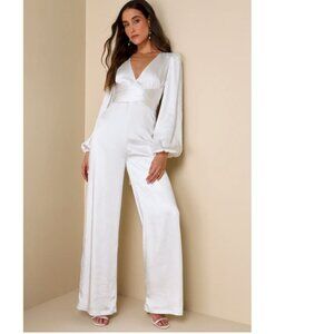 Lulus Sensational Evening White Satin Tie-Front Long Sleeve Jumpsuit Small NWOT